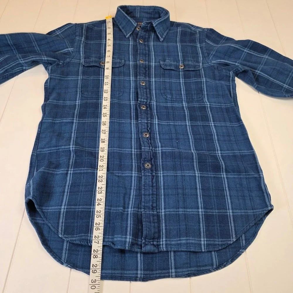 Polo Ralph Lauren Men's M Heavyweight Blue Plaid‎ Work Shirt Elbow Patches